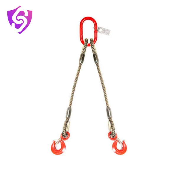 Two-leg wire rope sling with master link and hooks